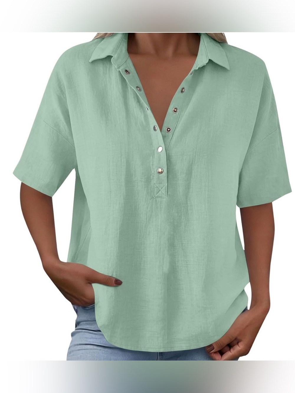 Mint Green Button-Accent Relaxed Linen Top